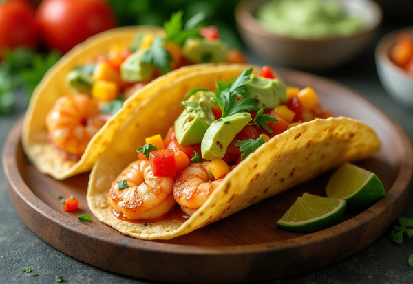 Spicy Shrimp Tacos with Mango Salsa and Avocado Crema
