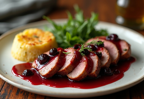 Duck Breast with Balsamic Cherry Sauce and Potato Gratin