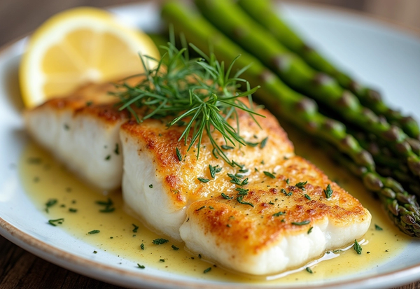 Pan-Seared Halibut with Lemon-Dill Sauce and Roasted Asparagus