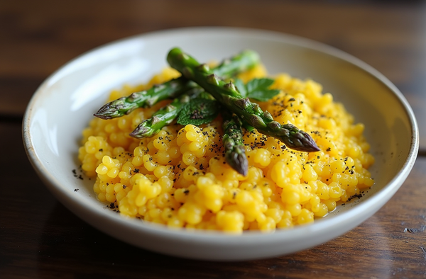 Saffron Risotto with Roasted Asparagus and Parmesan Crisp